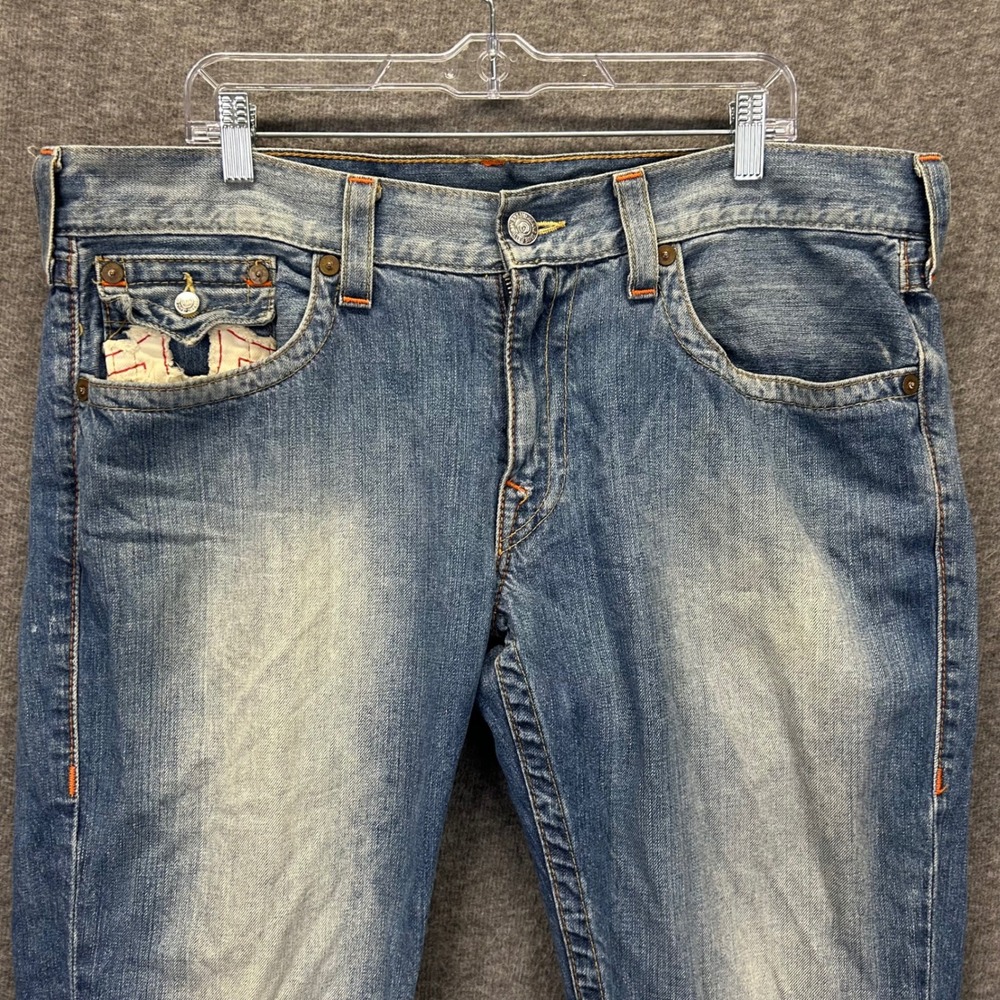 True Religion‎ Straight Mens Jeans 38 Medium Wash Frayed Horseshoe Logo USA